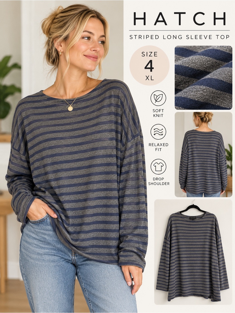 HATCH Size 4 - US XL Striped Oversized Long Sleeve Top Gray Navy